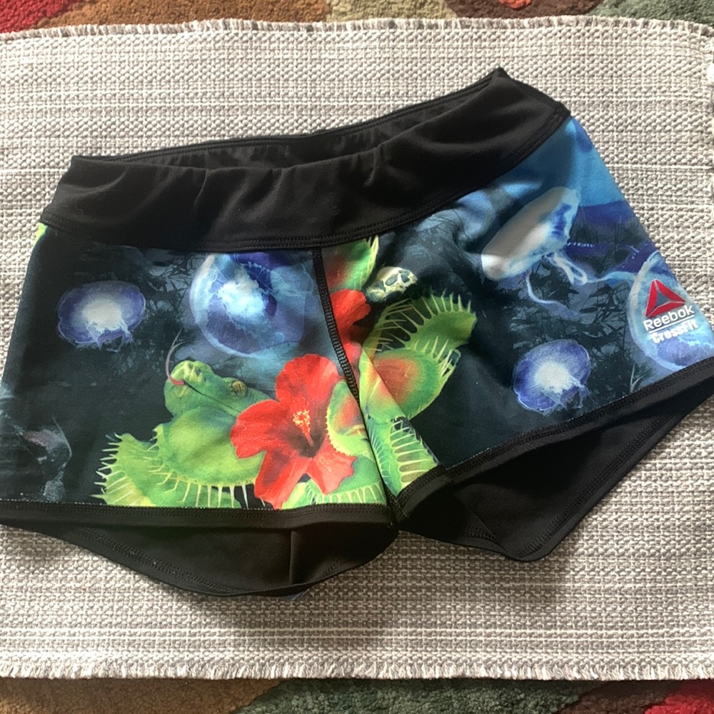 Reebok Black Athletic Shorts with Green and Red Floral Print
